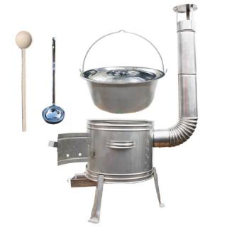 Goulash Cauldron kotlík na guláš železo 0,75 mm 30 l, pokrievka nerez 48 cm INOX, Goulash Cauldron kotlina nerez 45 cm TOPLUX, vareška 50 cm SMREK, naberačka antikor INOX