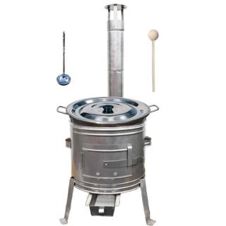 Goulash Cauldron kotol na guláš a zabíjačku nerez 1,2 mm 40 l INOX, pokrievka nerez 48 cm INOX, Goulash Cauldron kotlina nerez 45 cm TOPLUX, vareška 50 cm SMREK, naberačka antikor INOX
