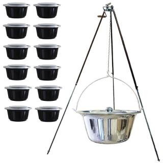 Green home kotlík na guláš nerez 20 L (1,2 mm), Green home špeciálna teleskopická trojnožka s poistnou kladkou VAR 1,25 m na kotlík, Green home nerezová pokrievka INOX, plastové boxy (misky) s vrchnákom