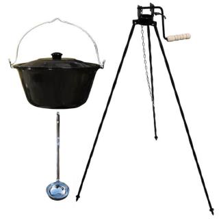 Green home kotlík na guláš smalt 13 l, Green home špeciálna trojnožka s poistnou kladkou VAR 1,25 m na kotlík, Green home pokrievka smalt 40 cm, nerezová naberačka antikor INOX