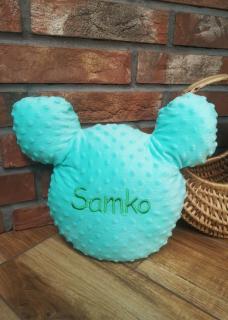 Vankúš minky Mišiak s menom Samko (Minky vankúš zelený)