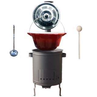 DOMO Kotlík na guláš liatina 15 l 0,8 cm, DOMO špeciálna vysoká žiaruvzdorná kotlina PLUS 600 ° C 36 cm 1,5 mm, pokrievka nerez 41 cm, DOMO naberačka INOX a vareška 50 cm PARTY