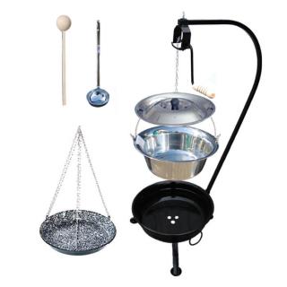 Green Home kotlík na guláš nerez 1,2 mm 15 l, pokrievka nerez 41 cm INOX, Green Home panvica smalt 42 cm, Green party ohnisko, stojan, poistná kladka, vareška 50 cm SMREK, naberačka antikor INOX