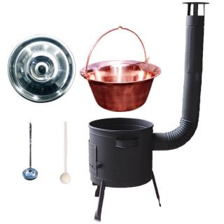 Home Cook kotlík na guláš meď 1,2 mm 20 l, pokrievka nerez 46 cm INOX, Home Cook žiaruvzdorná kotlina 42 cm PLUS 600, vareška 50 cm SMREK, naberačka antikor INOX