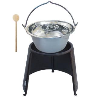 Home Cook kotlík na guláš nerez 0,8 mm 10 l, pokrievka nerez 37 cm INOX, Home Cook chránič ohňa 32 cm KOV, vareška 50 cm SMREK