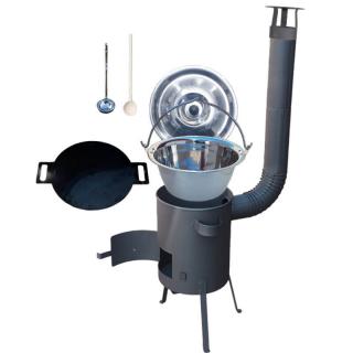 Home Cook kotlík na guláš nerez 1,2 mm 15 l INOX, Home Cook pokrievka nerez INOX, Green home panvica KOV 38 cm, Home Cook žiaruvzdorná kotlina 36 cm - zosilnený rošt 4 mm PLUS 600, naberačka antikor INOX, vareška 50 cm SMREK