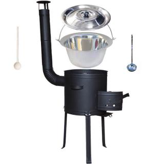 Home Cook kotlík na guláš nerez 1,2 mm 20 l INOX, pokrievka nerez 46 cm INOX, Home Cook žiaruvzdorná kotlina s vysokými nožičkami 42 cm PLUS 700, vareška 50 cm SMREK, naberačka antikor INOX