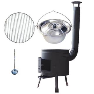 Home Cook kotlík na guláš nerez 1,2 mm 20 l INOX, pokrievka nerez 46 cm INOX, rošt ma grilovanie nerez 45 cm, Home Cook nízka žiaruvzdorná kotlina 42 cm PLUS 600, naberačka antikor INOX