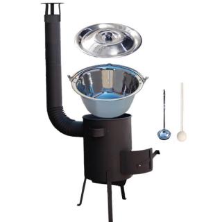 Home Cook kotlík na guláš nerez 1,2 mm 20 l INOX, pokrievka nerez 47 cm INOX, Home Cook vysoká žiaruvzdorná kotlina 42 cm, zosilnený rošt 4 mm PLUS 600, vareška 50 cm SMREK, naberačka antikor INOX