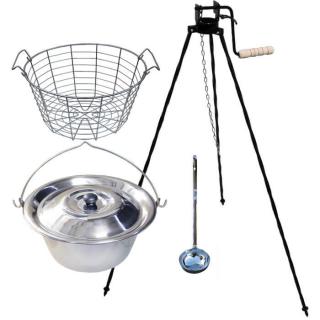 Home Cook kotlík na guláš nerez 1,5 mm 20 l, Home Cook drôtený kôš 18 l, pokrievka nerez 48 cm INOX, Home Cook špeciálna trojnožka s poistnou kladkou 1,25 m VAR, naberačka antikor INOX