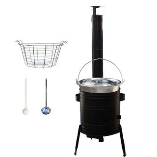 Home Cook kotlík na guláš nerez 1,5 mm 30 l, Home Cook drôtený kôš 18 l, pokrievka nerez 48 cm INOX, Home Cook kotlina 45 cm KOV CLASSIC, naberačka antikor INOX, vareška 50 cm SMREK