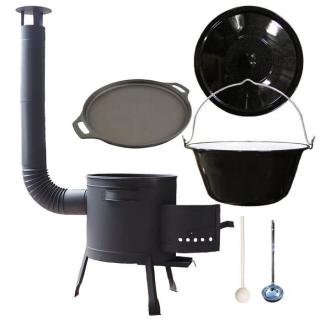 Home Cook kotlík na guláš smalt 1,2 mm 20 l, BBQ panvica 43 cm liatina, Home Cook vysoká žiaruvzdorná kotlina 42 cm PLUS 600, pokrievka smalt 50 cm, naberačka antikor INOX, vareška 50 cm SMREK