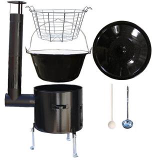 Home Cook kotlík na guláš smalt 25 l, pokrievka smalt 49 cm, Home Cook drôtený kôš 18 l, Home Cook kotlina 42 cm SMALT, vareška 50 cm SMREK, naberačka antikor INOX