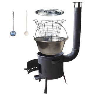 Home Cook kotlík na guláš železo 0,75 mm 30 l, pokrievka nerez 48 cm INOX, Home Cook drôtený kôš 18 l, Home Cook žiaruvzdorná kotlina 45 cm PLUS 600, vareška 50 cm SMREK, naberačka antikor INOX