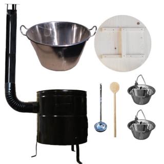 Home Cook kotol na guláš a zabíjačku nerez 100 L (1,2 mm), Home Cook kotlina 60 cm KOV, pokrievka drevo, Home Cook kotlíky na guláš servírovacie nerez 0,8 l 2 ks INOX, vareška 80 cm SMREK, naberačka INOX