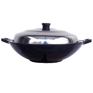 Liatinový wok – smaltovaný povrch 37 cm + nerezová pokrievka (Liatinový wok – smaltovaný povrch, priemer 37 cm + nerezová pokrievka)