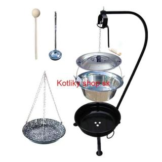 Nerezový kotlík 10 L (1,2 mm) INOX + smaltovaná panvica + ohnisko so stojanom a s poistnou kladkou VAR (Nerezový kotlík 10 L (1,2 mm) INOX + smaltovaná panvica s retiazkou + vareška + naberačka + ohnisko so stojanom a s poistnou kladkou VAR)