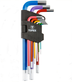 Inbusové kľúče šesťhranné 9 ks farebné (TOPEX kľúče šesťhranné 9 ks farebné sú vyrobené z odolnej chromo - vanádiovej ocele. Každý kľúč je označený inou farbou, ktorá uľahčuje vybrať vždy správnu veľkosť pri práci.)