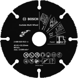 Viacúčelový kotúč Bosch Carbide Multi Wheel, pr. 115 mm - 2608623012 (Viacúčelový kotúč osadený tvrdokovom, ktorý umožňuje rezanie dreva a plastov uhlovou brúskou.)