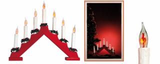Svietnik pyramída, červený, 7 žiaroviek tvaru plameňa sviečky, 230V KAD 07/RD (SVIETNIK - PYRAMÍDA )