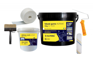 SET L - ALF TG500 Biela TEKUTÁ GUMA ALFEMA (1x TG500 biela 10 kg,1x  Penetrácia ALF PR50, 1x Geotextília malá PP100g 100mm x 25m, náradie)