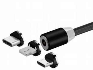 Magnetický nabíjací kábel 3v1 mikro-USB, Lightning, USB-C 2,4A - Čierna
