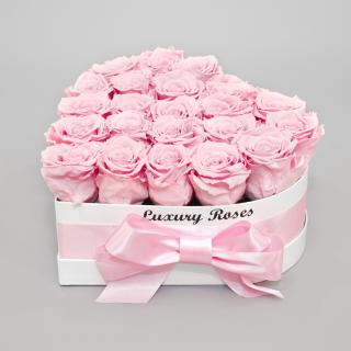 Luxusný biely box srdce s trvácnymi ružovými ružami