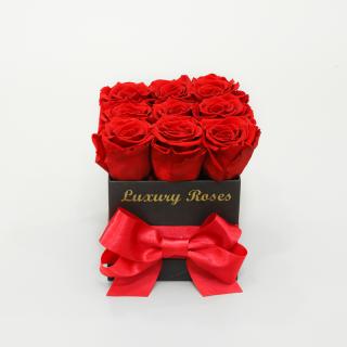 Luxusný hranatý čierny box S s trvácnymi červenými ružami