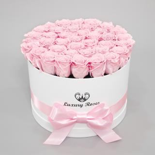 Luxusný okrúhly biely box L s trvácnymi ružovými ružami