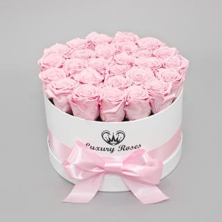 Luxusný okrúhly biely box M s trvácnymi ružovými ružami