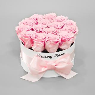 Luxusný okrúhly biely box S s trvácnymi ružovými ružami
