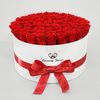 Luxusný okrúhly biely box XL s trvácnymi červenými ružami