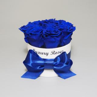 Luxusný okrúhly biely box XS s trvácnymi modrými ružami