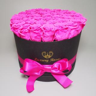 Luxusný okrúhly čierny box L s trvácnymi cyklámenovými ružami