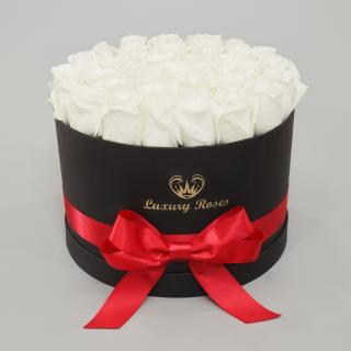 Luxusný okrúhly čierny box L so živými bielymi ružami