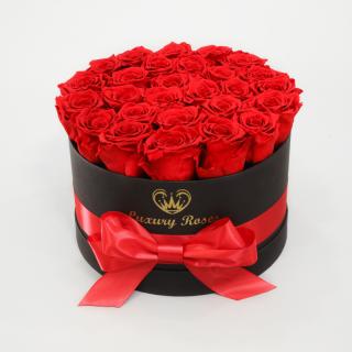 Luxusný okrúhly čierny box M s trvácnymi červenými ružami