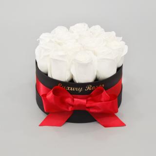 Luxusný okrúhly čierny box S so živými bielymi ružami