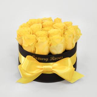 Luxusný okrúhly čierny box S so živými žltými ružami