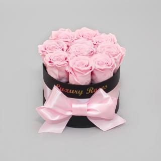 Luxusný okrúhly čierny box XS s trvácnymi ružovými ružami