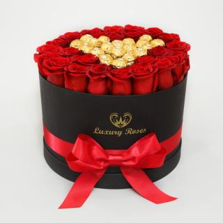 Okrúhly čierny box L Ferrero Rocher so živými ružami