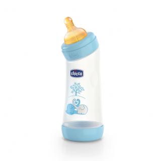 CHICCO Dojčenská plastová fľaša zahnutá bez BPA Well-Being kaučukový cumlík -  modrá 250ml
