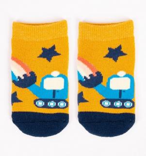Froté ponožky pre novorodenca horčicové - Bager,  veľ. 0-3 mesiace