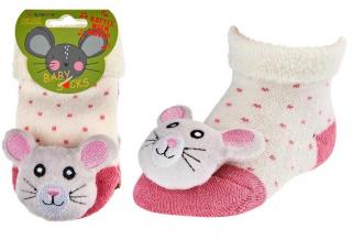 Froté ponožky s hrkálkou pre novorodenca - 3D Mačička, veľ. 0-3 mesiace