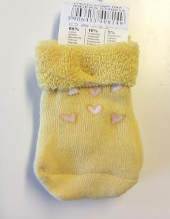 Froté ponožky žlté s ružovými srdiečkami,  veľ. 0-3 mesiace