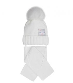 Komplet zimná čiapka s brmbolcom biela + šál, obv. hlavy 40-42 cm