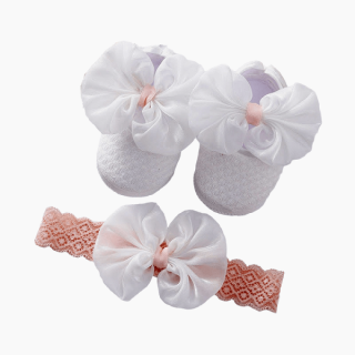Set sandalky saténové biele + ružová čelenka s mašľou, veľ. 0-6 mesiacov