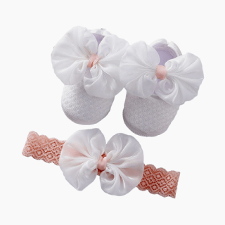 Set sandalky saténové biele + ružová čelenka s mašľou, veľ. 6-12 mesiacov