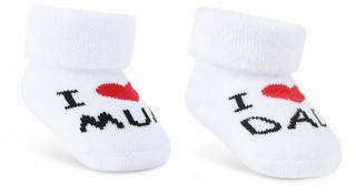 Teplé froté ponožky pre novorodenca biele - I love mum, dad,  veľ. 0-3 mesiace
