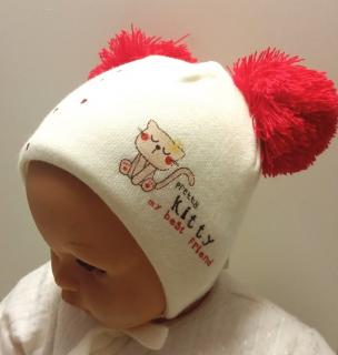Zimná čiapka pre novorodenca biela s červenými brmbolcami, obv. hlavy 36 -38 cm