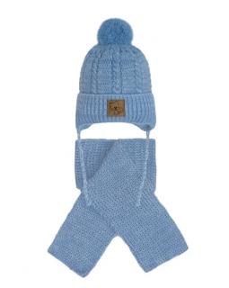 Zimný komplet čiapka s brmbolcom modrá + šál, obv. hlavy 40-42 cm